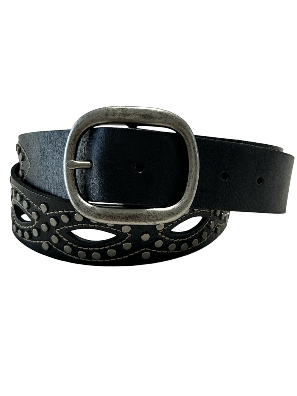 Fossil Women’s Size Large Black Leather Studded Waist Belt with Silver Buckle